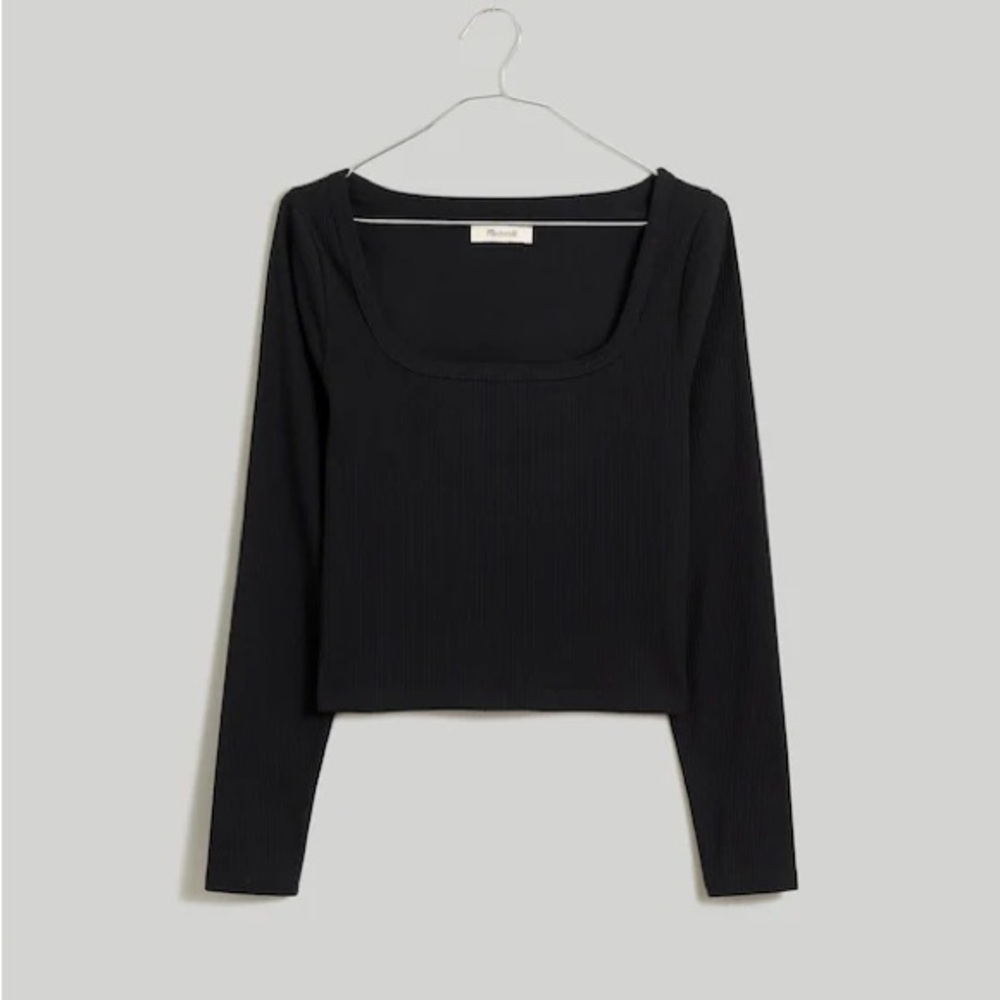 Madewell Square-Neck Long-Sleeve Crop Black Tee in Sleekhold Size Medium
